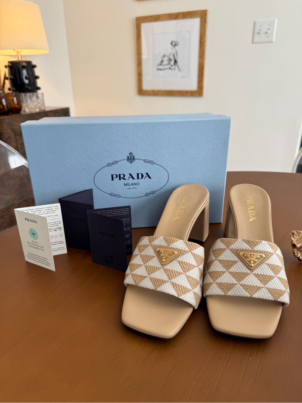Prada Beige and White Geometric Slide Mules